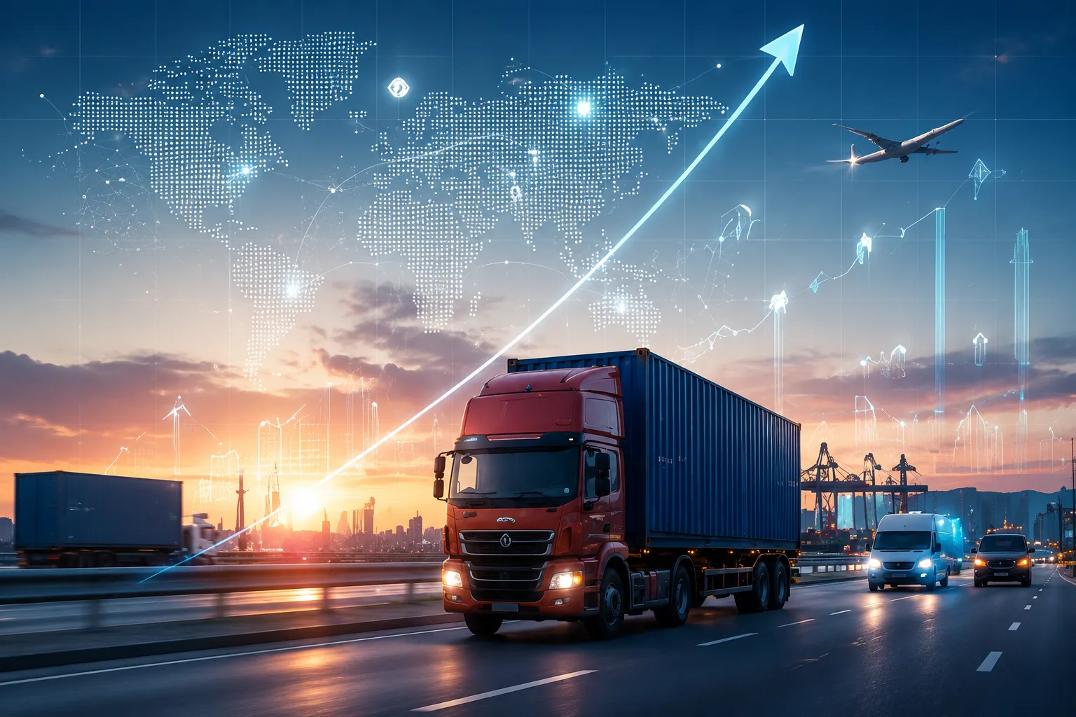 Freight truck driving with network lines overlay